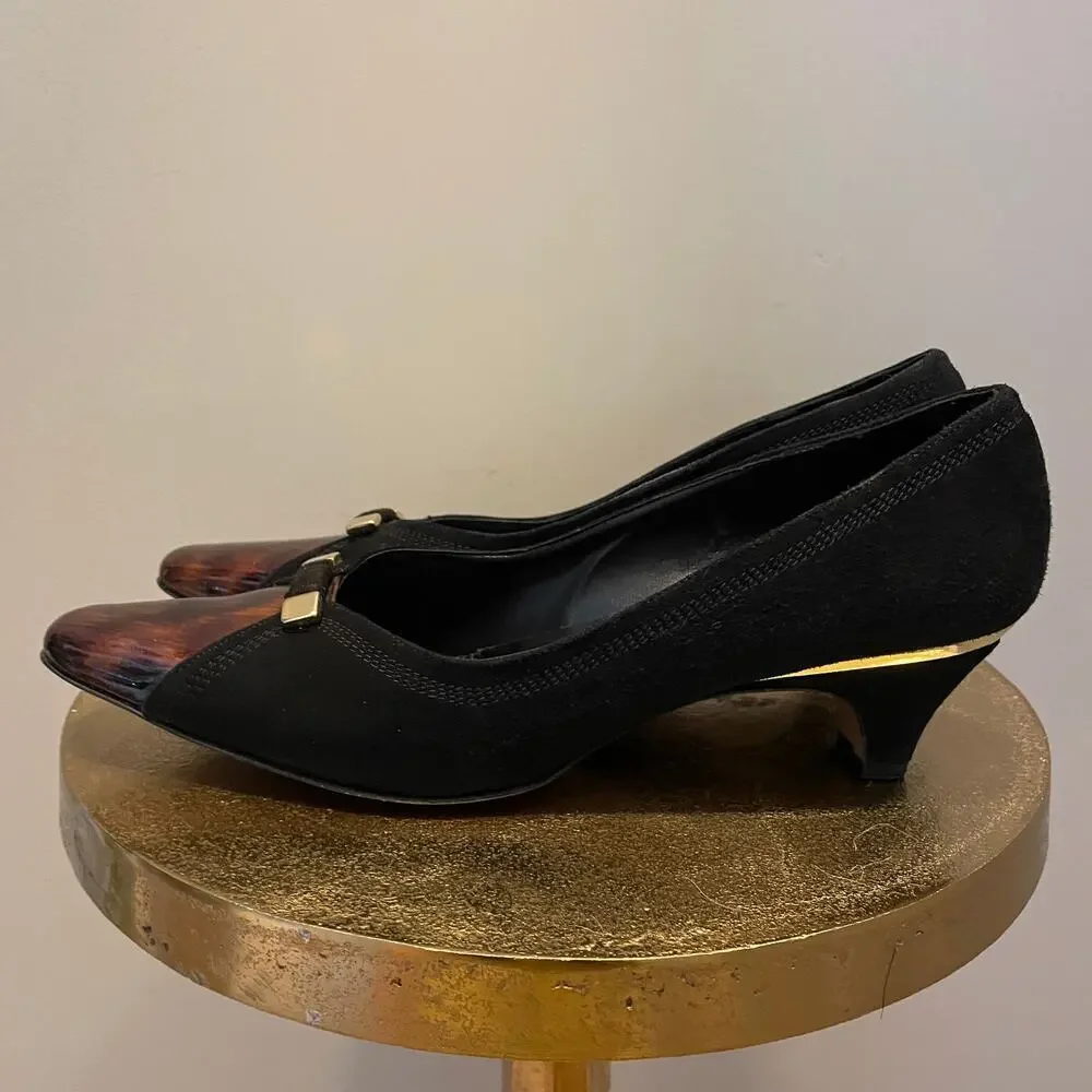 Lanconi Firenze 7.5B Kitten Heels | Black Suede, Tortoiseshell Toe, Rare Vintage